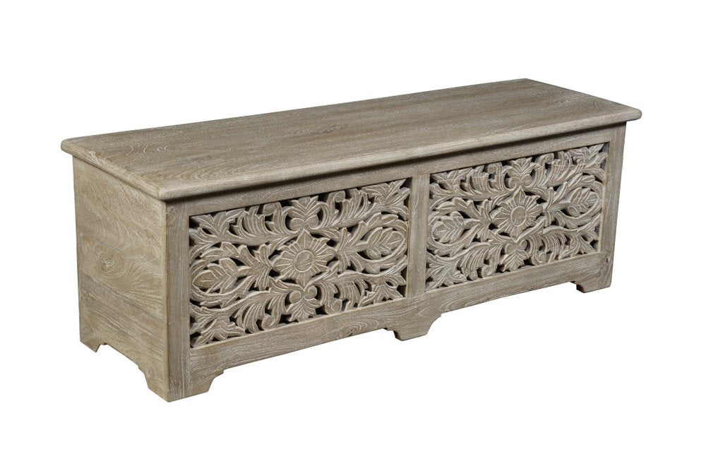 52" Gray Distressed Solid Wood Carved Floral Storage Ottoman HomeRoots