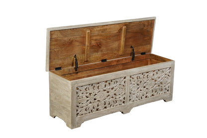52" Gray Distressed Solid Wood Carved Floral Storage Ottoman HomeRoots