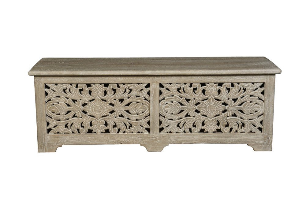 52" Gray Solid Wood Floral Ottoman With Storage HomeRoots