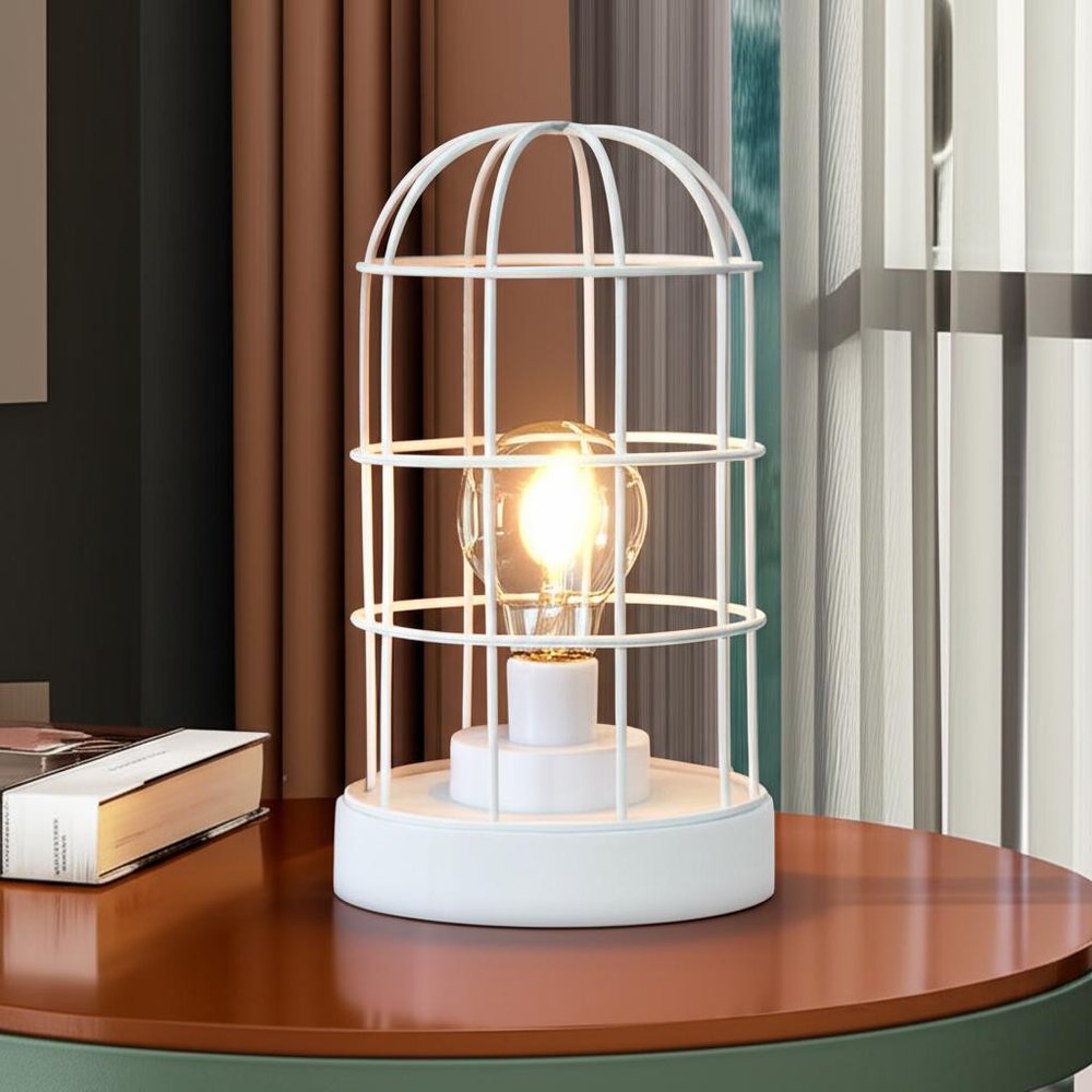 10" White Battery Operated Lamp With Cage Cylinder Shade HomeRoots
