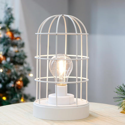 10" White Battery Operated Lamp With Cage Cylinder Shade HomeRoots