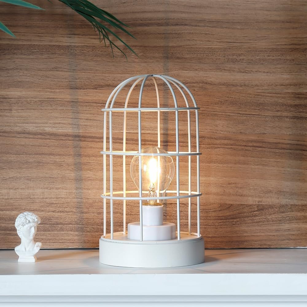 10" White Battery Operated Lamp With Cage Cylinder Shade HomeRoots