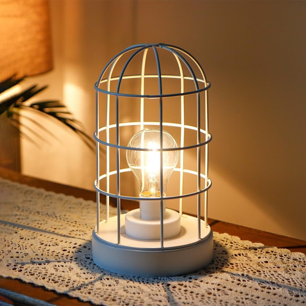 10" White Battery Operated Lamp With Cage Cylinder Shade HomeRoots