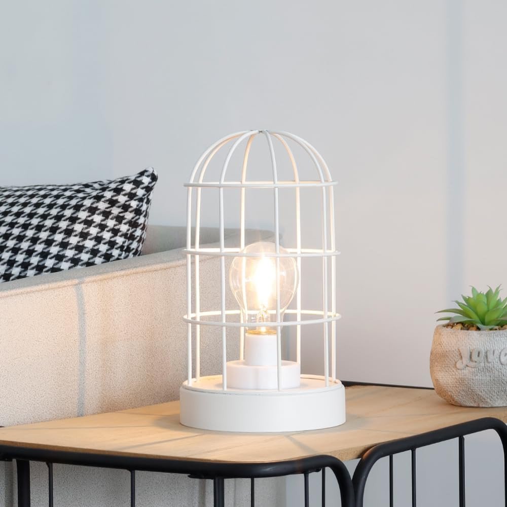 10" White Battery Operated Lamp With Cage Cylinder Shade HomeRoots