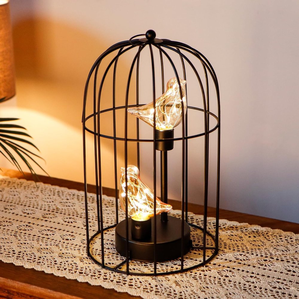 12" Black Battery Operated Round Lamp With Bird Cage Shade HomeRoots