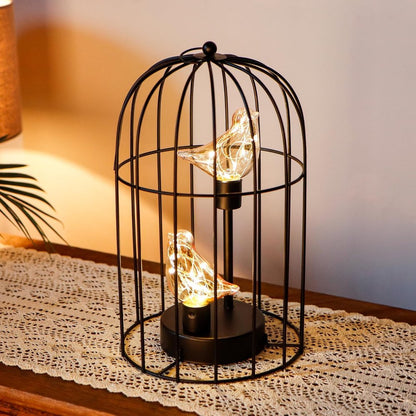 12" Black Battery Operated Round Lamp With Bird Cage Shade HomeRoots
