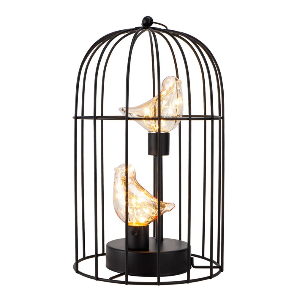 12" Black Battery Operated Round Lamp With Bird Cage Shade HomeRoots