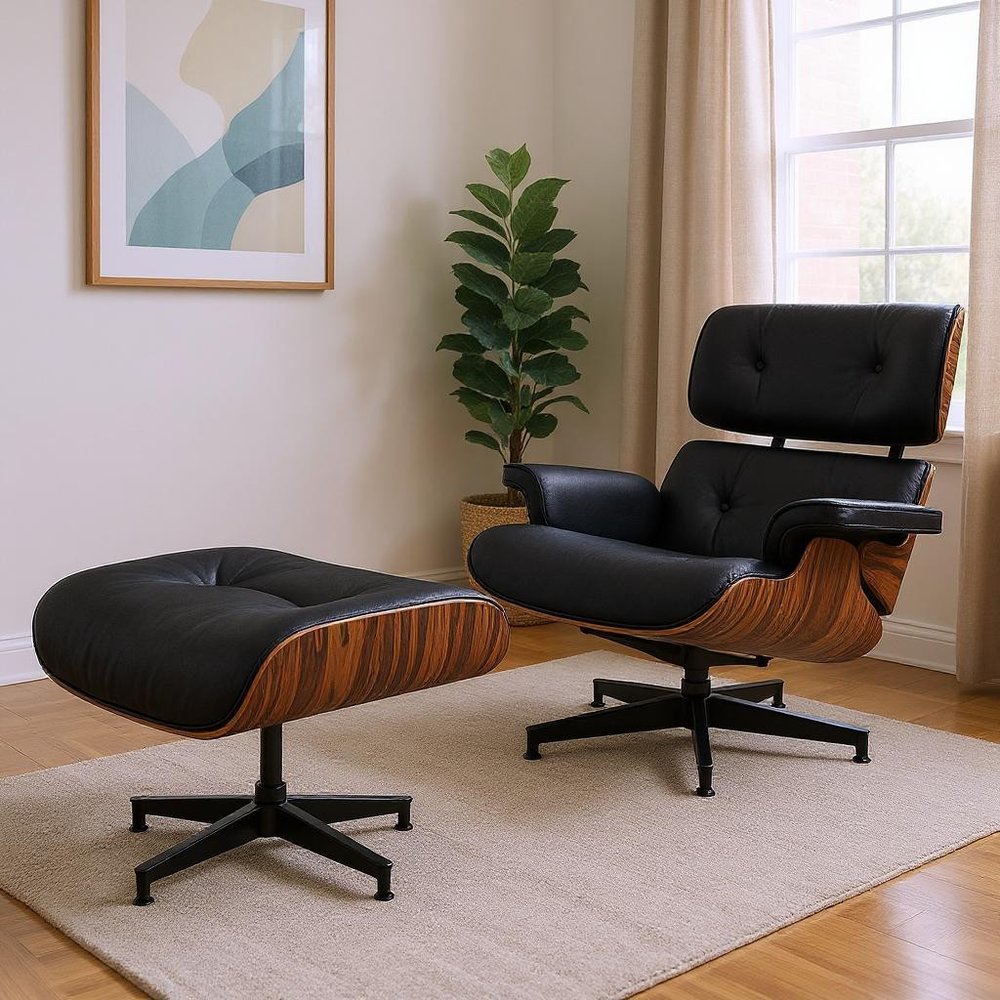 28" Black and Rosewood Tufted Genuine Leather Lounge Chair With Ottoman HomeRoots