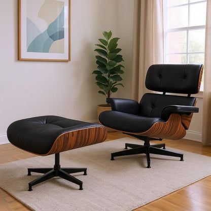 28" Black and Rosewood Tufted Genuine Leather Lounge Chair With Ottoman HomeRoots