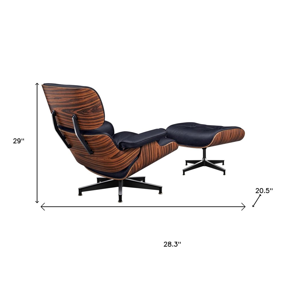 28" Black and Rosewood Tufted Genuine Leather Lounge Chair With Ottoman HomeRoots