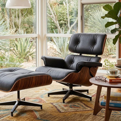 28" Black and Rosewood Tufted Genuine Leather Lounge Chair With Ottoman