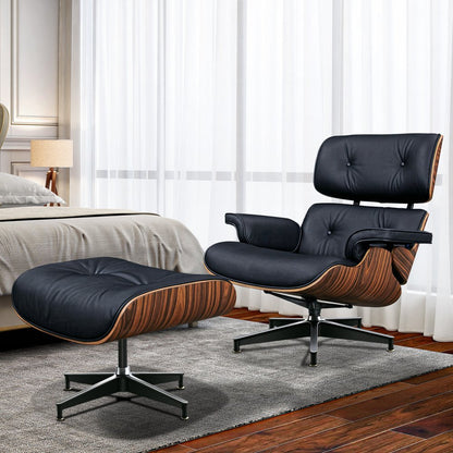 28" Black and Rosewood Tufted Genuine Leather Lounge Chair With Ottoman HomeRoots