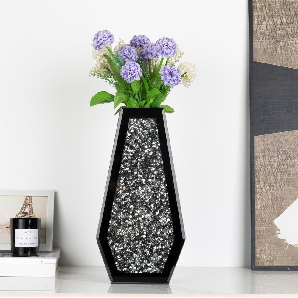 14" Black And Silver Glass Table Vase With Faux Crystals HomeRoots