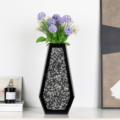 14" Black And Silver Glass Table Vase With Faux Crystals HomeRoots
