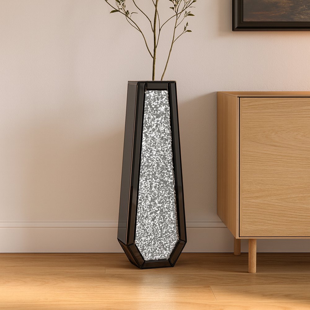 30" Black Mirrored Glass Floor Vase With Faux Crystals HomeRoots