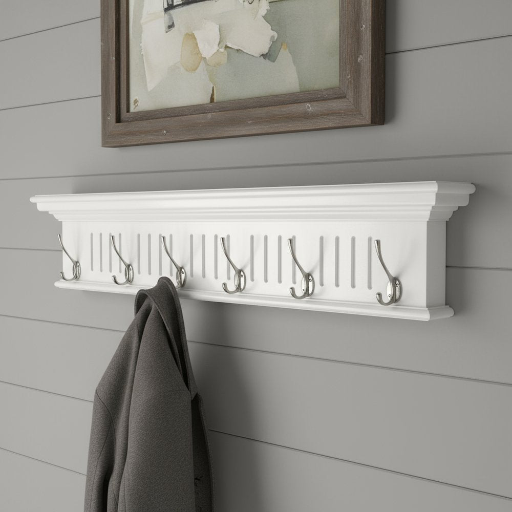 39" White Solid Wood Six Hook Wall Mount Coat Rack HomeRoots