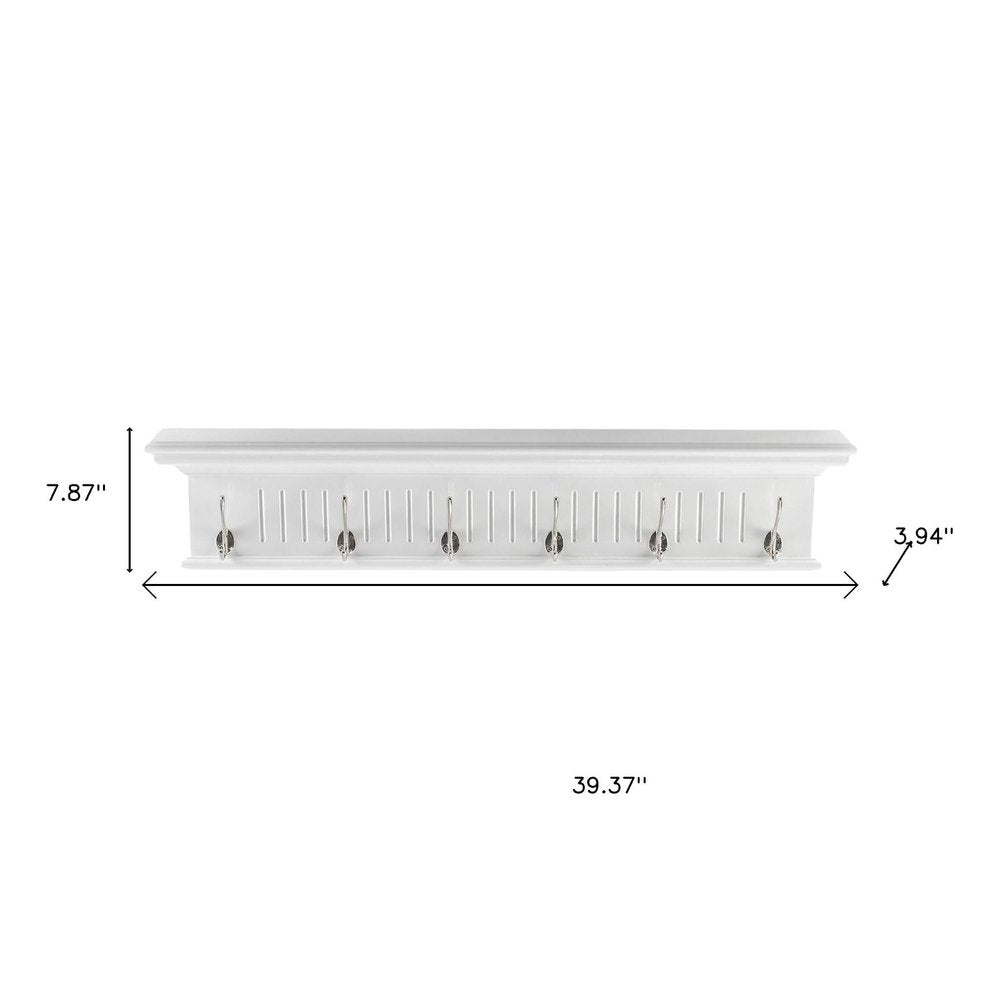 Six Hook 39" White Solid Wood Wall Mount Coat Rack HomeRoots