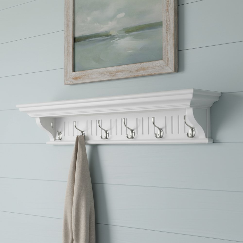 Six Hook 39" White Solid Wood Wall Mount Coat Rack HomeRoots