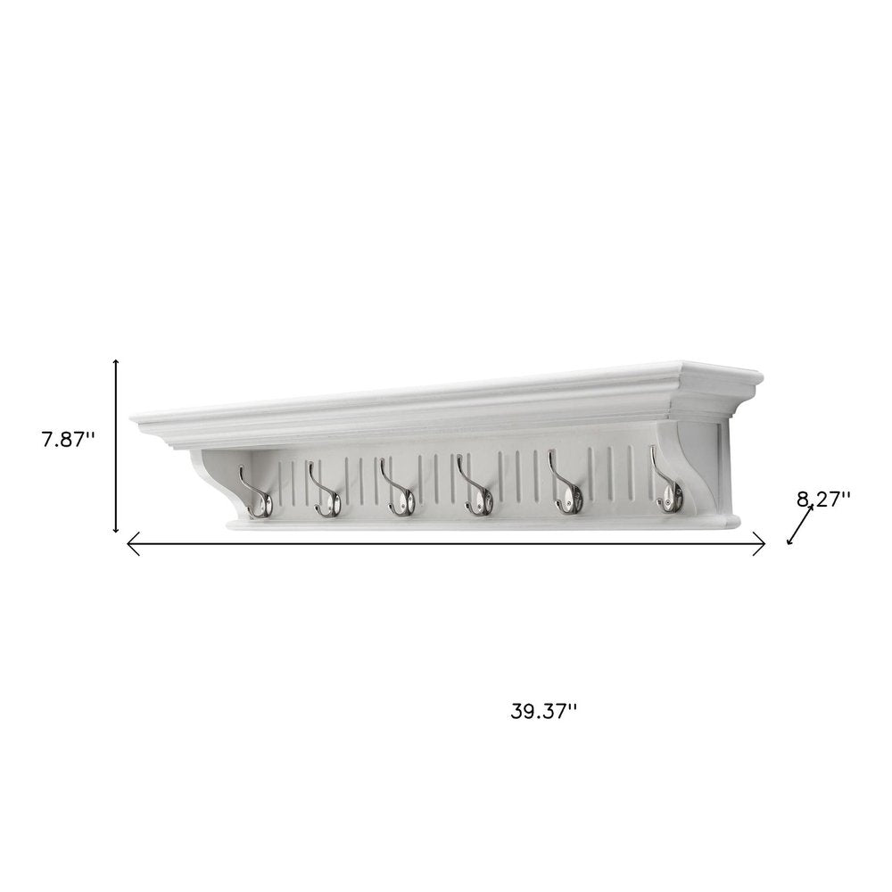 39" White Solid Wood Six Hook Wall Mount Coat Rack HomeRoots