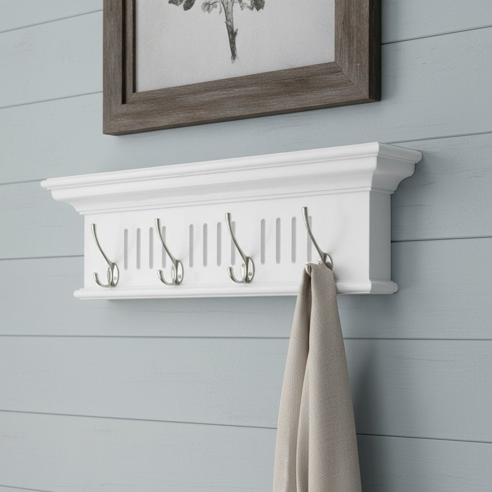 Four Hook 28" White Solid Wood Wall Mount Coat Rack HomeRoots