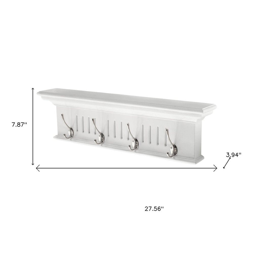Four Hook 28" White Solid Wood Wall Mount Coat Rack HomeRoots