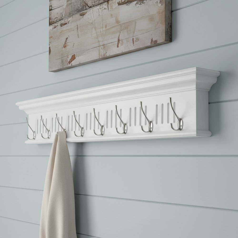 Eight Hook 51" White Solid Wood Wall Mount Coat Rack HomeRoots