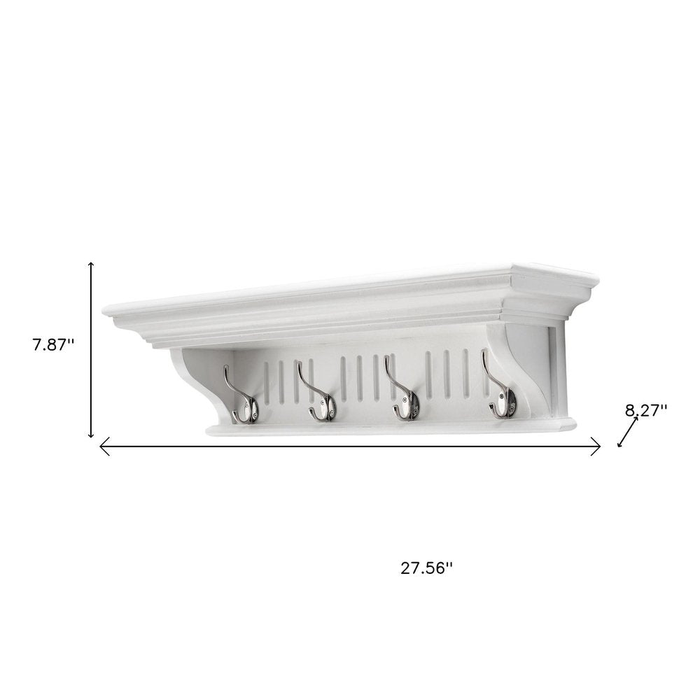 28" White Solid Wood Four Hook Wall Mount Coat Rack HomeRoots