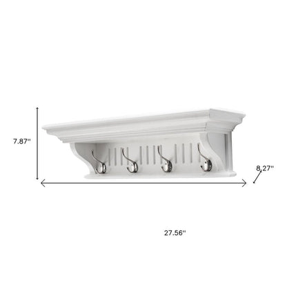 28" White Solid Wood Four Hook Wall Mount Coat Rack HomeRoots