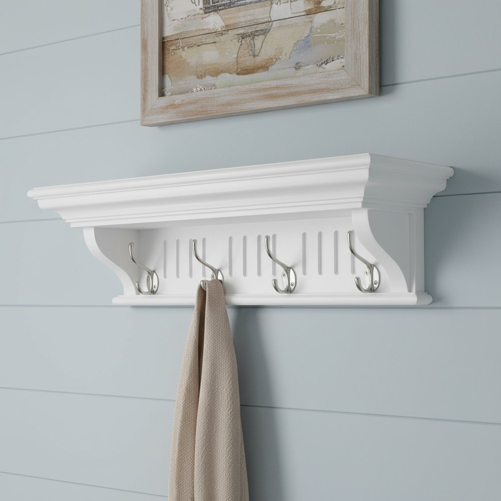 28" White Solid Wood Four Hook Wall Mount Coat Rack HomeRoots