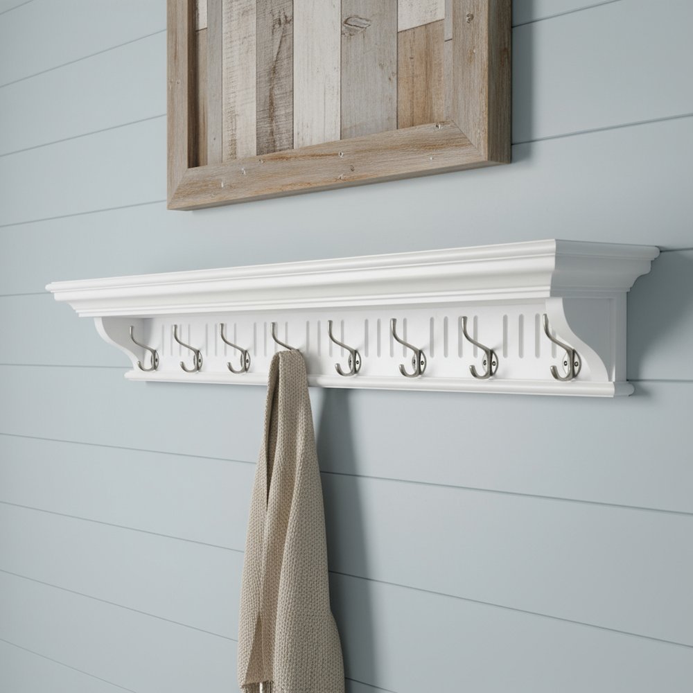 Eight Hook 51" White Solid Wood Wall Mount Coat Rack HomeRoots