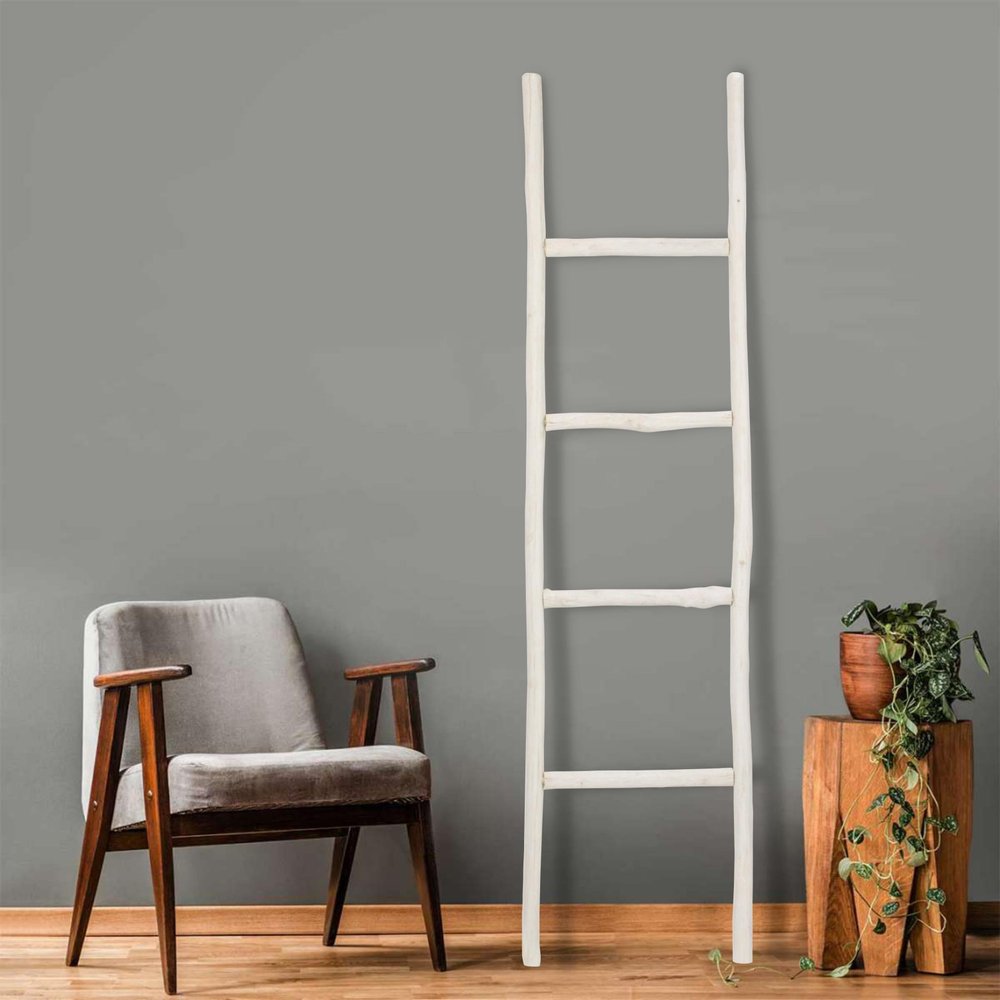 59" White Distressed Solid Wood Four Step Ladder Shelf — view 2