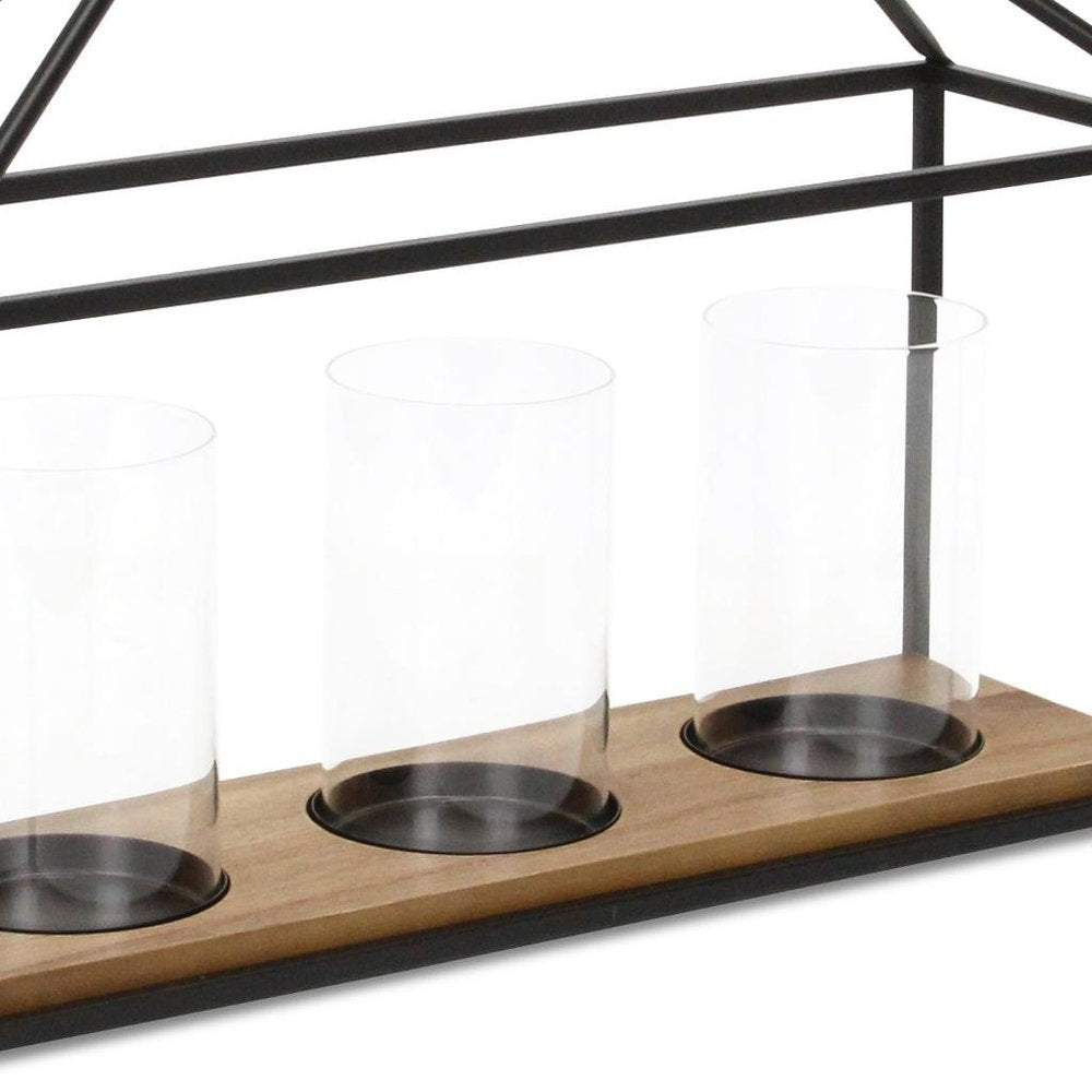 15" Black Metal Glass And Wood Geometric Three Light Hurricane Candle Holder HomeRoots