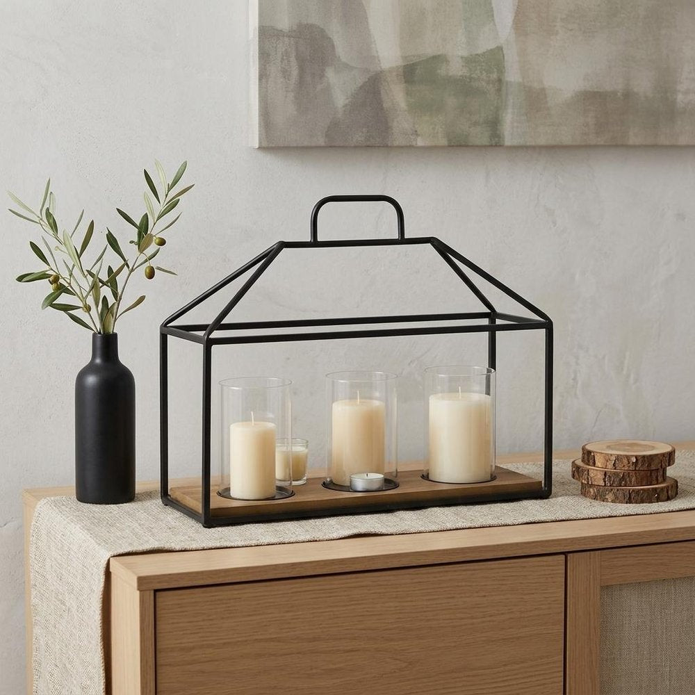 15" Black Metal Glass And Wood Geometric Three Light Hurricane Candle Holder HomeRoots