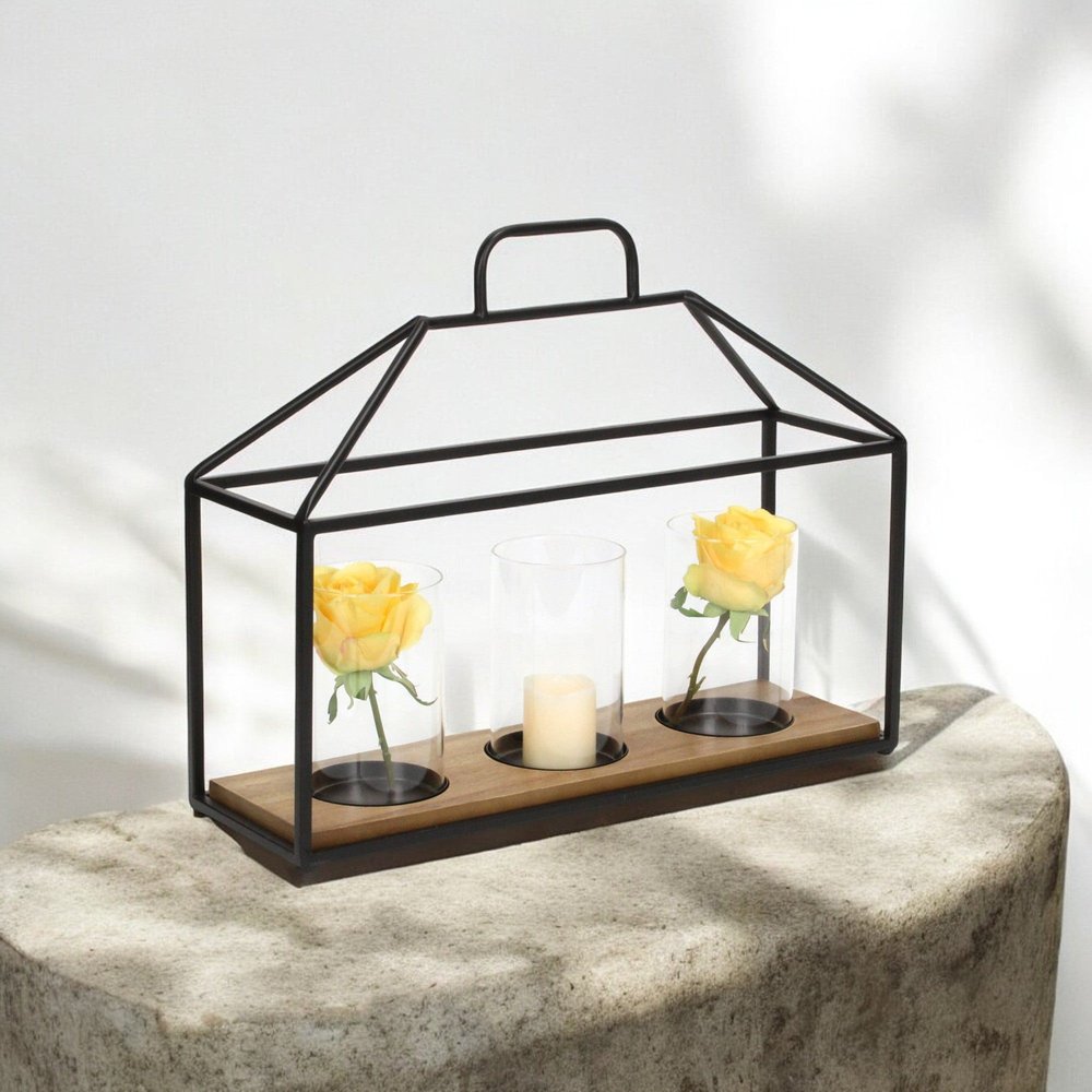 15" Black Metal Glass And Wood Geometric Three Light Hurricane Candle Holder HomeRoots