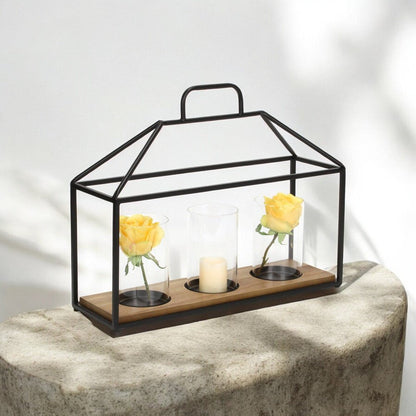 15" Black Metal Glass And Wood Geometric Three Light Hurricane Candle Holder HomeRoots