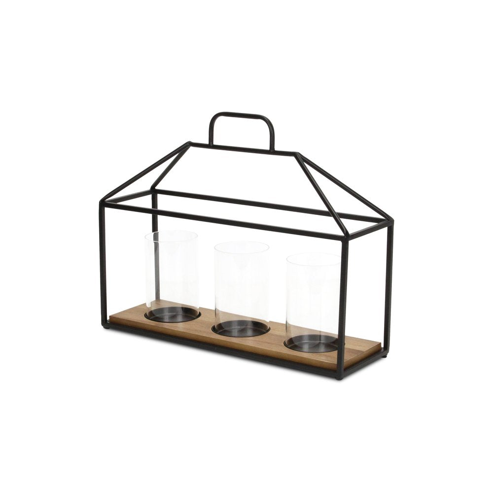 15" Black Metal Glass And Wood Geometric Three Light Hurricane Candle Holder HomeRoots
