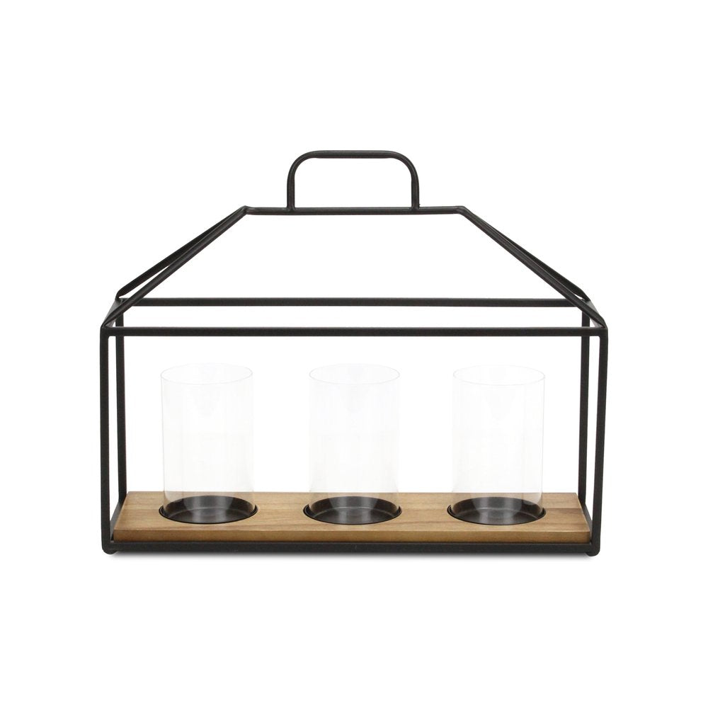 15" Black Metal Glass And Wood Geometric Three Light Hurricane Candle Holder HomeRoots