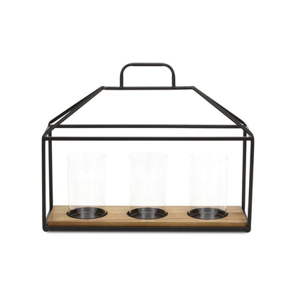 15" Black Metal Glass And Wood Geometric Three Light Hurricane Candle Holder HomeRoots
