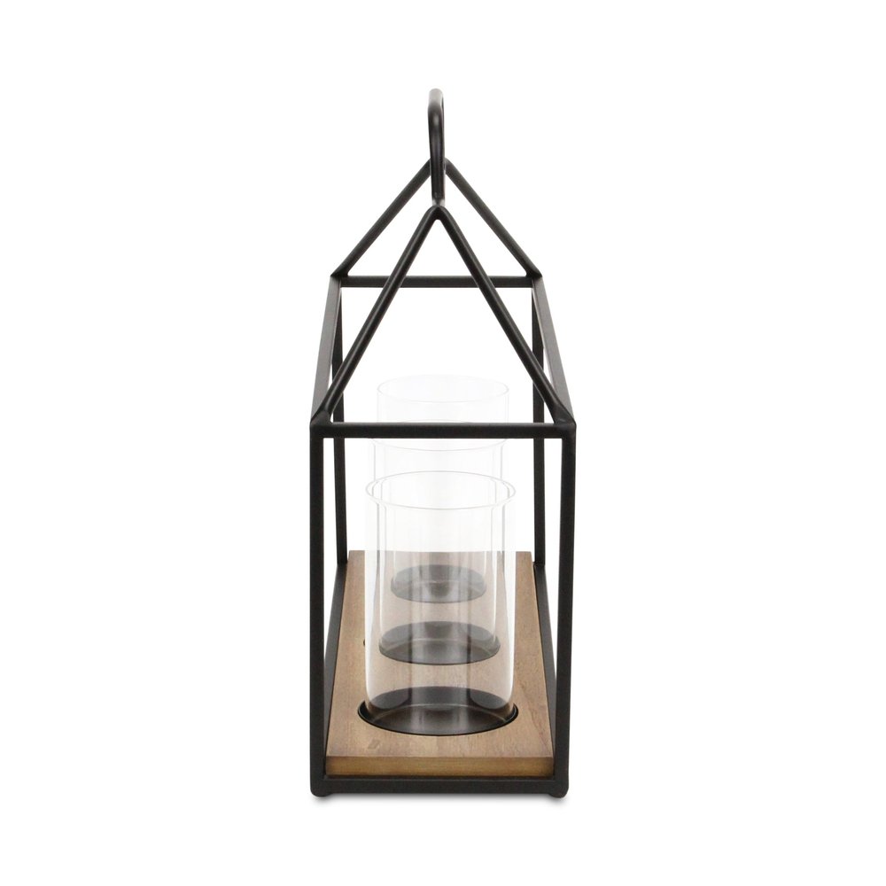 15" Black Metal Glass And Wood Geometric Three Light Hurricane Candle Holder HomeRoots