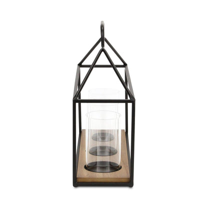 15" Black Metal Glass And Wood Geometric Three Light Hurricane Candle Holder HomeRoots