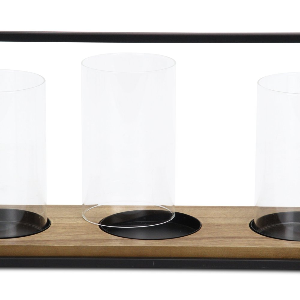 15" Black Metal Glass And Wood Geometric Three Light Hurricane Candle Holder HomeRoots