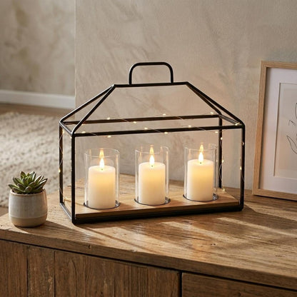 15" Black Metal Glass And Wood Geometric Three Light Hurricane Candle Holder HomeRoots