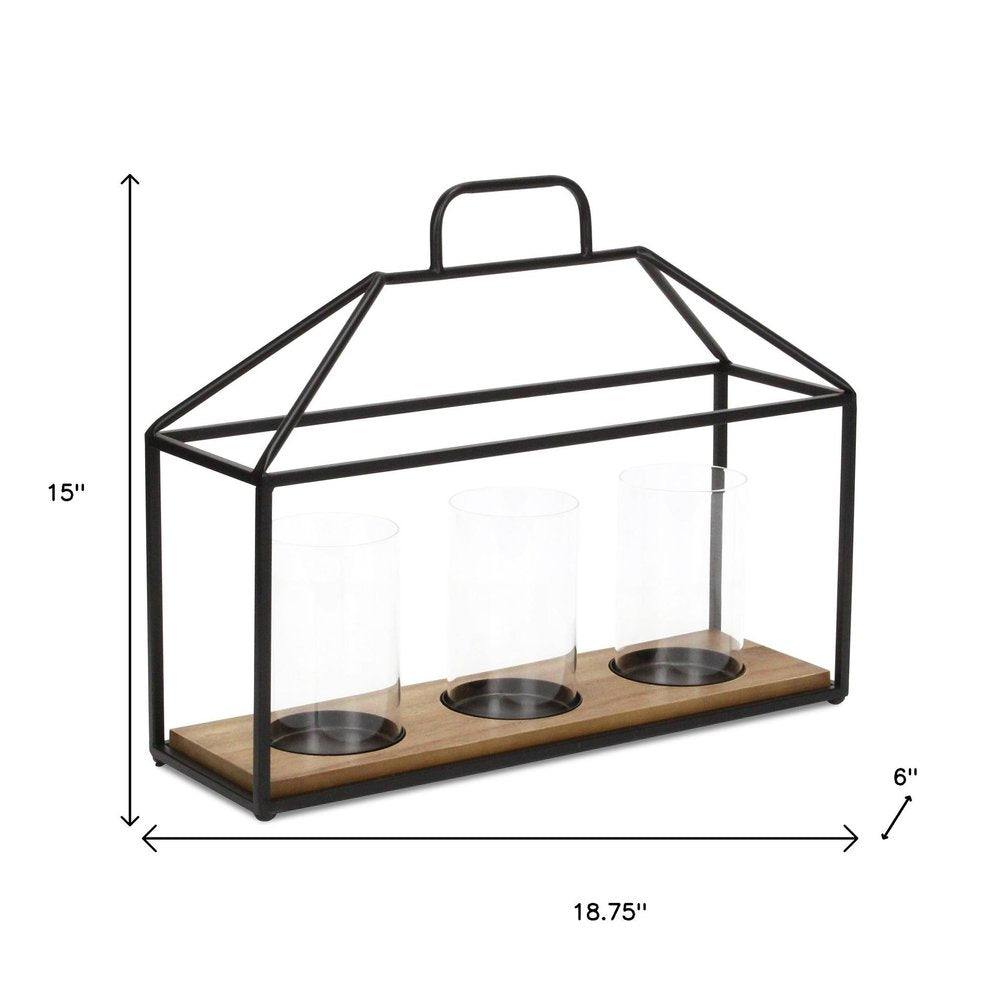 15" Black Metal Glass And Wood Geometric Three Light Hurricane Candle Holder HomeRoots
