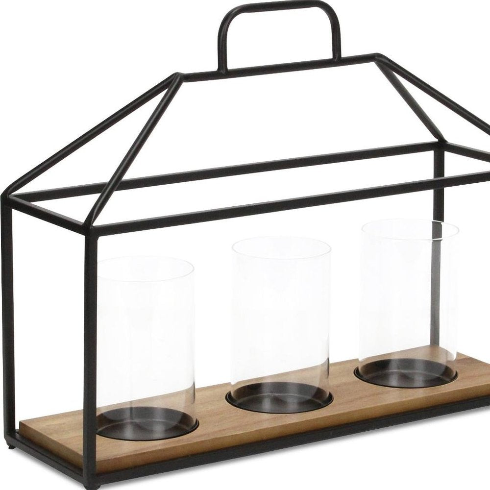 15" Black Metal Glass And Wood Geometric Three Light Hurricane Candle Holder HomeRoots