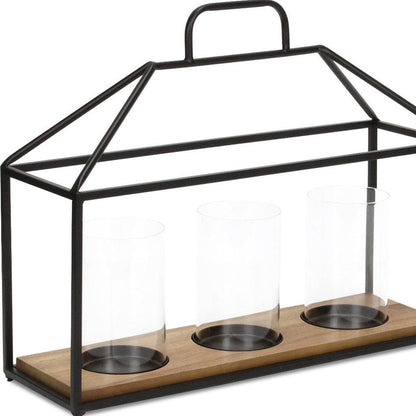 15" Black Metal Glass And Wood Geometric Three Light Hurricane Candle Holder HomeRoots