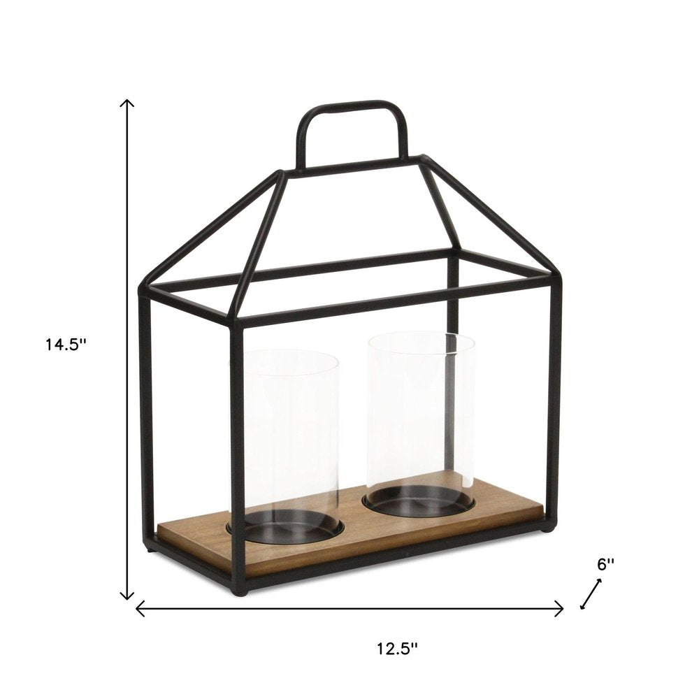 15" Black Metal Glass And Wood Geometric Two Light Hurricane Candle Holder HomeRoots