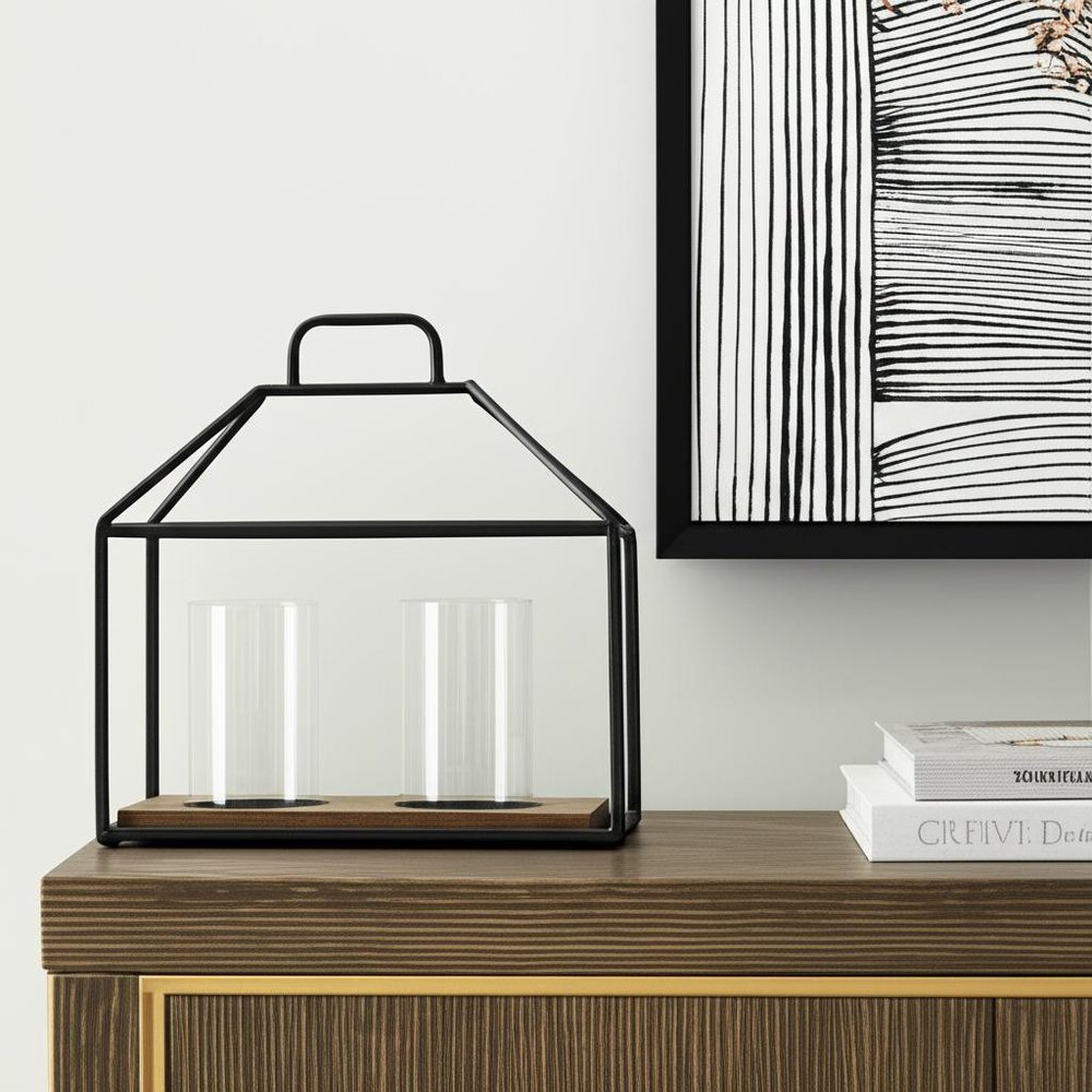 15" Black Metal Glass And Wood Geometric Two Light Hurricane Candle Holder HomeRoots