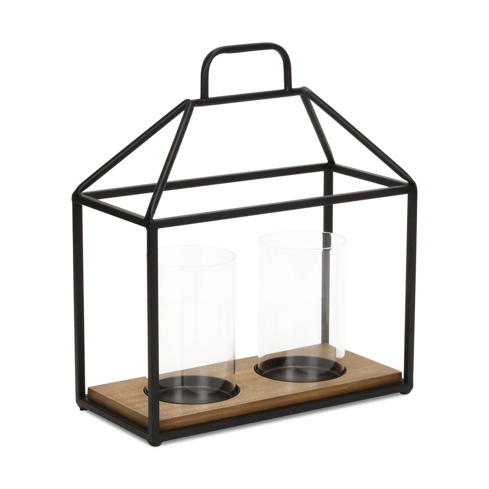 15" Black Metal Glass And Wood Geometric Two Light Hurricane Candle Holder HomeRoots