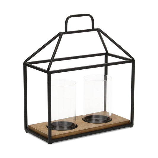 15" Black Metal Glass And Wood Geometric Two Light Hurricane Candle Holder HomeRoots