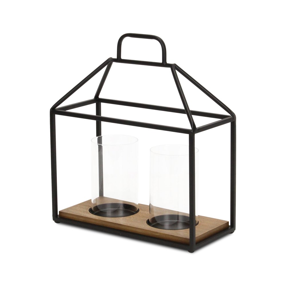 15" Black Metal Glass And Wood Geometric Two Light Hurricane Candle Holder — view 3